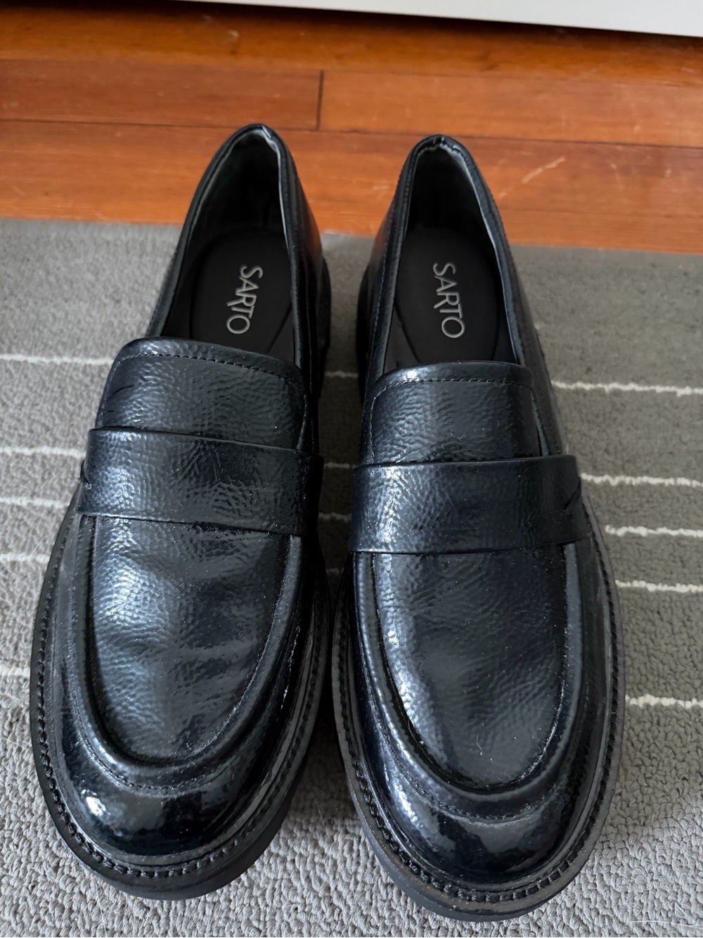 Franco Sarto Black Patent Leather Penny Loafers for Women